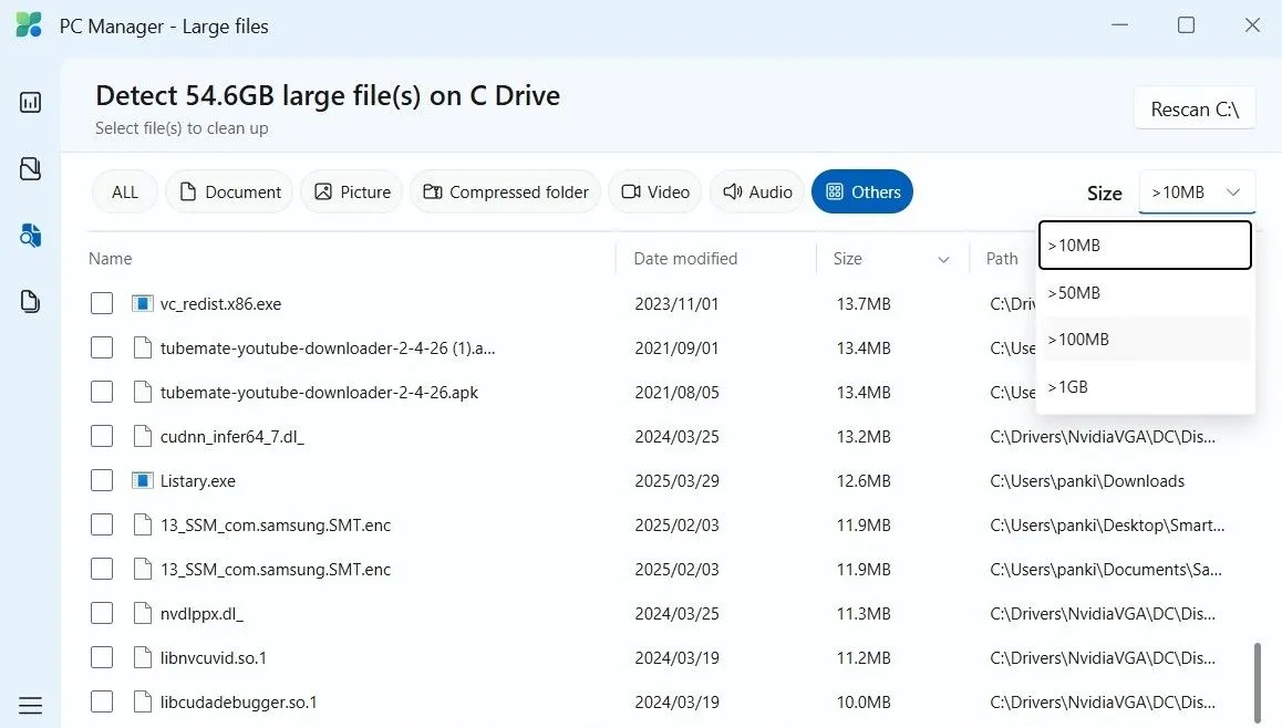 PC Manager hiển thị danh sách các tệp tin có dung lượng lớn