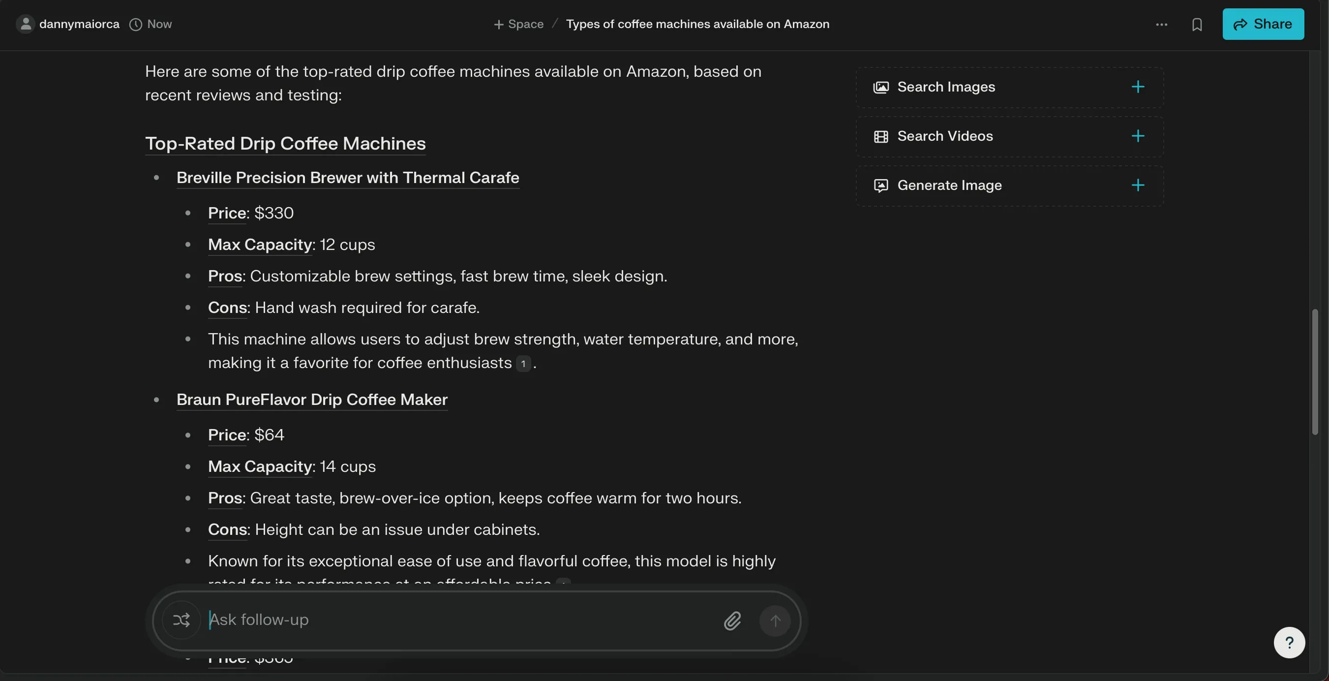 Perplexity AI cung cấp danh sách các mẫu máy pha cà phê nhỏ giọt (drip coffee maker) tốt nhất hiện có trên Amazon, kèm theo liên kết sản phẩm.
