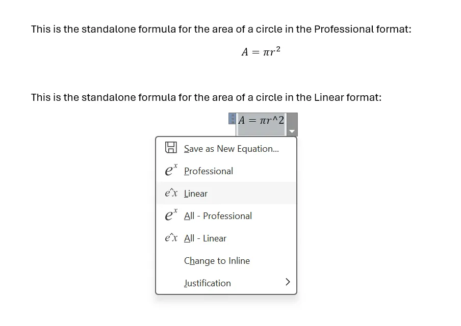 Phân biệt định dạng công thức Professional và Linear trong Microsoft Word
