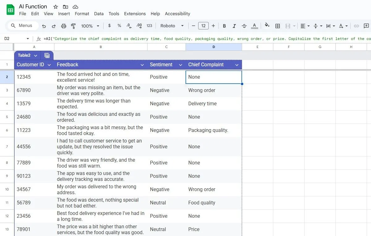 Phân loại phản hồi khách hàng bằng hàm AI trong Google Sheets