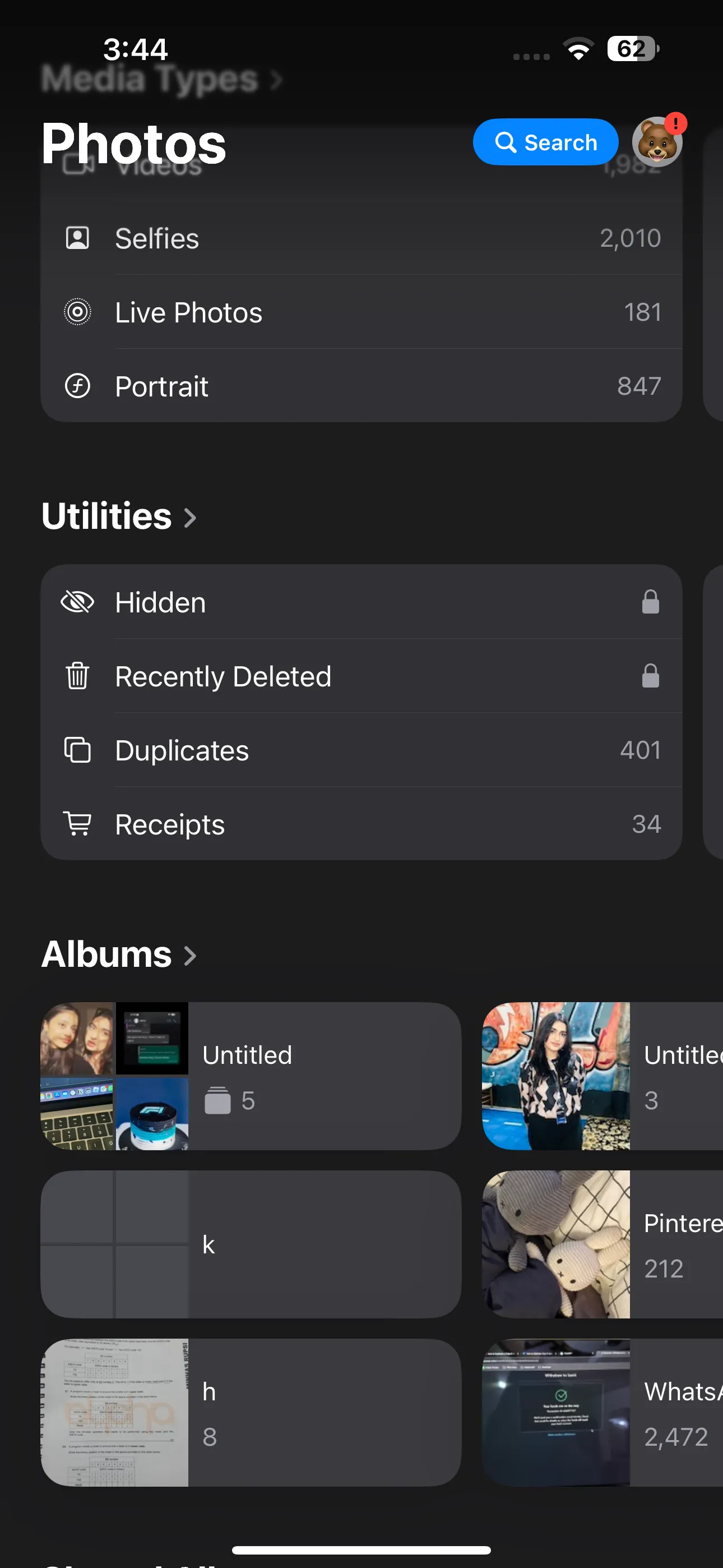 Photos app on an iPhone displaying different collections
