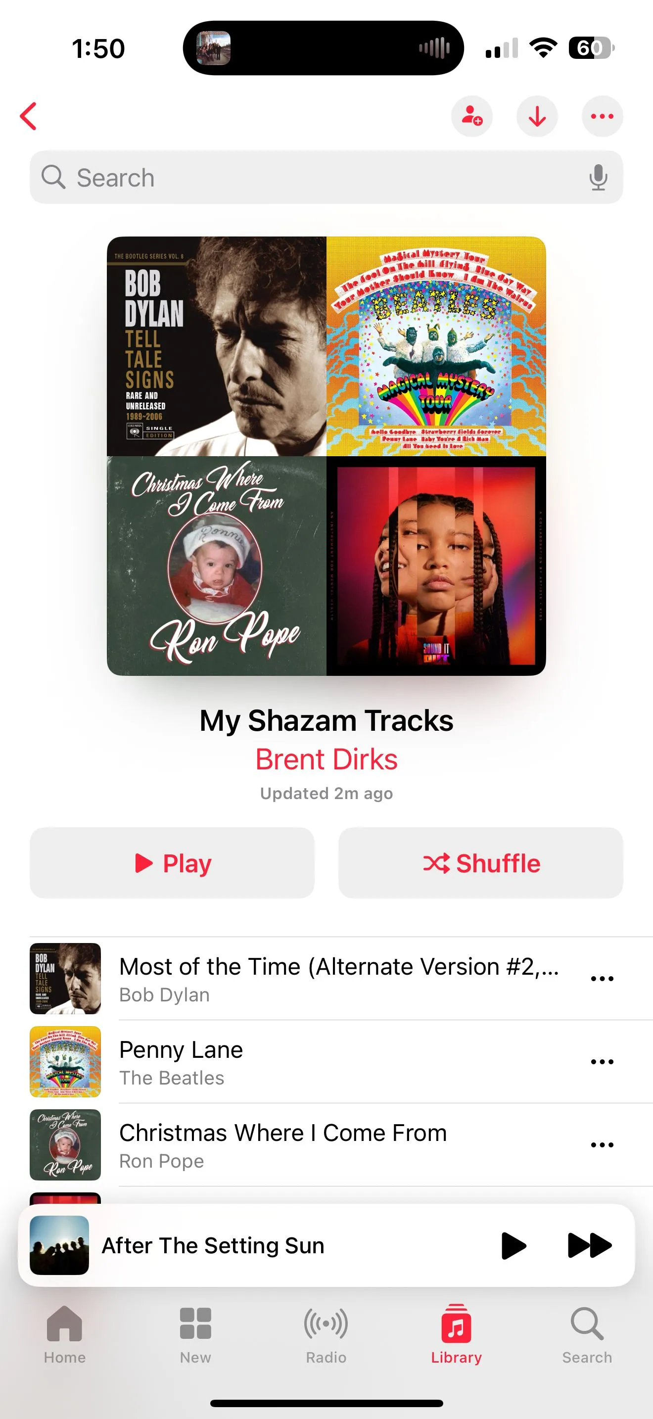 Playlist My Shazam Tracks trên Apple Music hiển thị các bài hát được nhận diện qua Shazam đã được tự động đồng bộ.