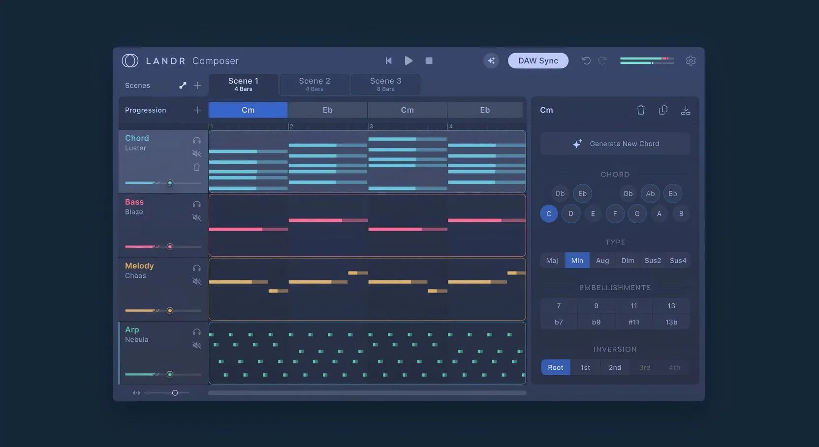 Plugin LANDR Composer với các yếu tố bài hát và tùy chỉnh được hiển thị trong giao diện.