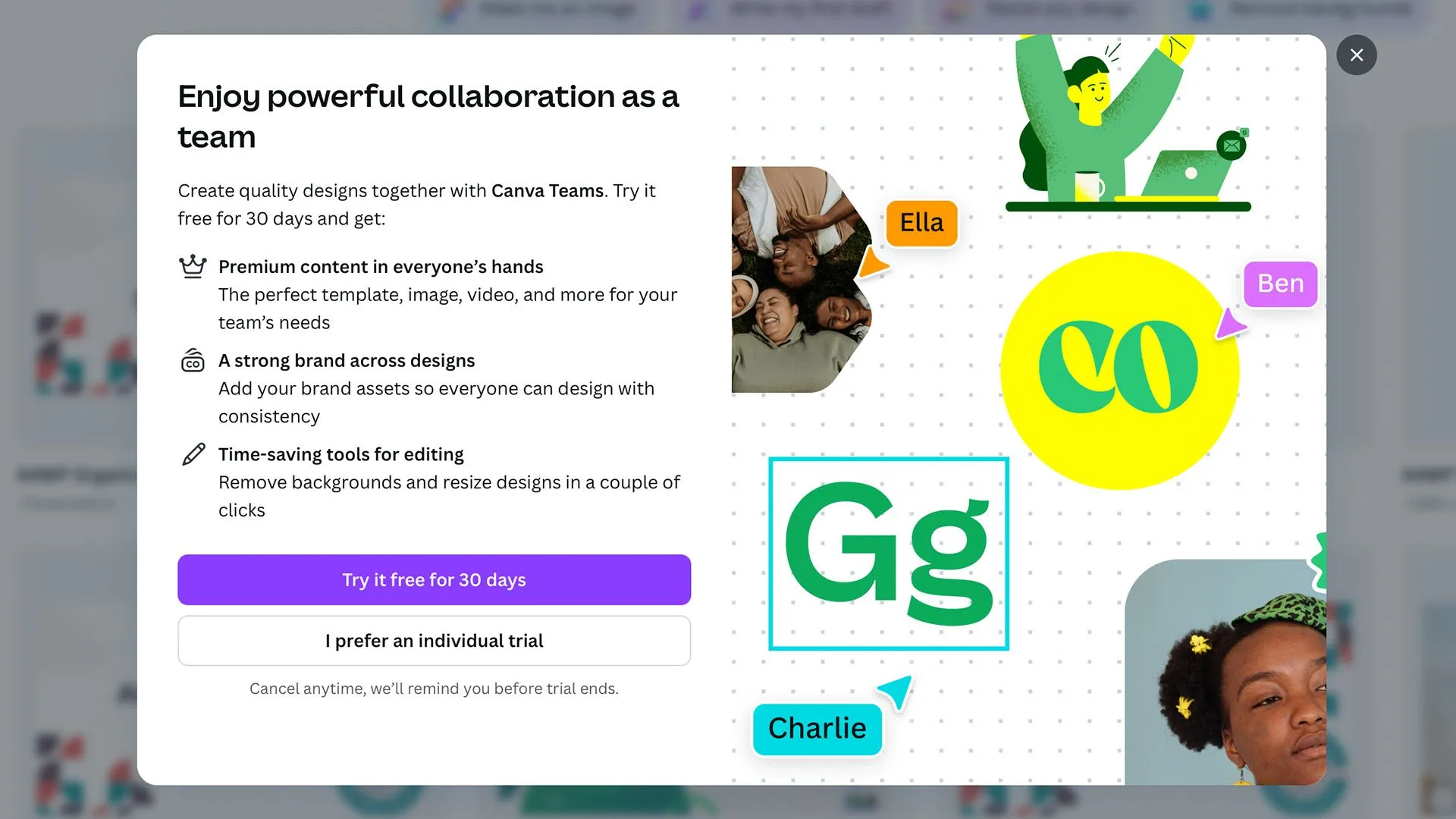 Pop-up của Canva đang cố gắng khuyến khích người dùng đăng ký Canva Pro thông qua bản dùng thử miễn phí.