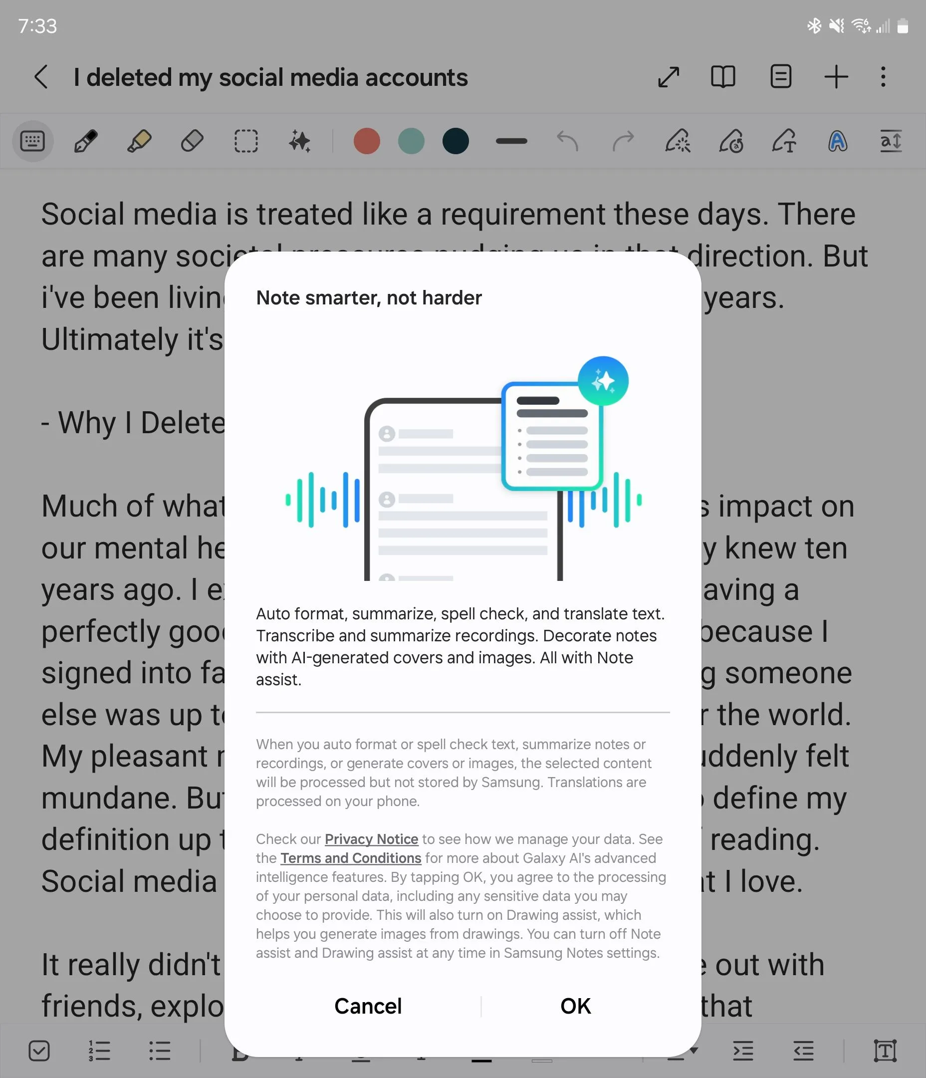 Pop-up giới thiệu tính năng Trợ lý ghi chú (Note Assist) trong ứng dụng Samsung Ghi chú (Samsung Notes).