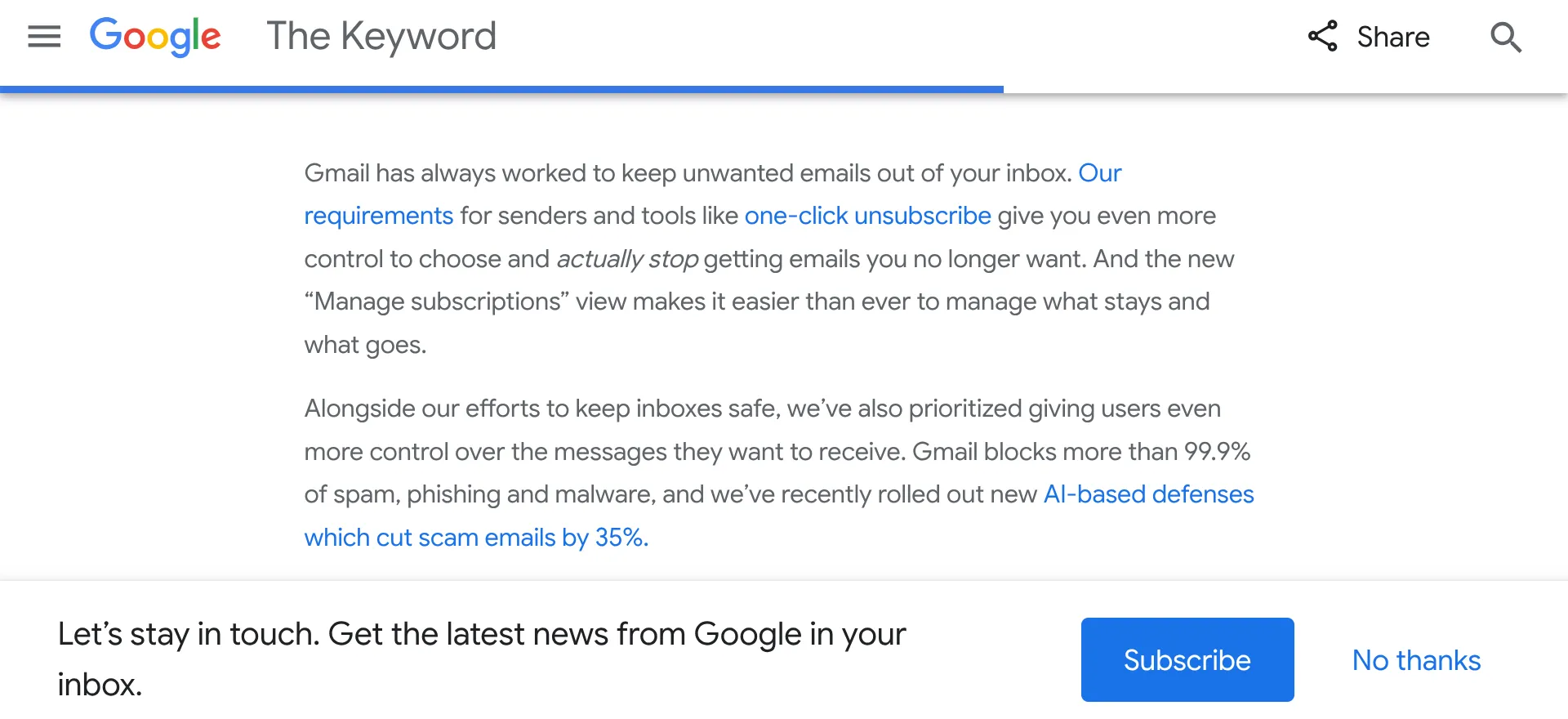 Pop-up Google The Keyword mời đăng ký nhận tin trên trang web, minh họa sự trớ trêu khi đang đọc về tính năng hủy đăng ký Gmail