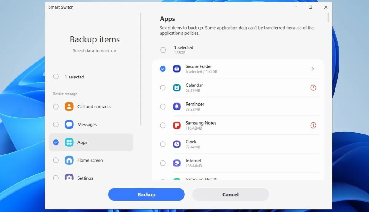 Quá trình sao lưu Secure Folder bằng Smart Switch trên máy tính