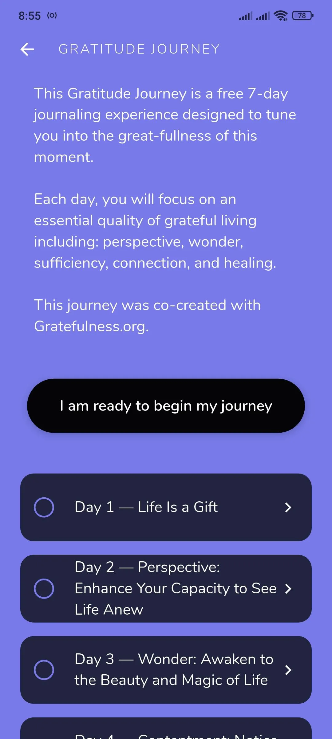 Reflection.app hiển thị màn hình hướng dẫn 'Hành trình Tri ân 7 ngày', một ví dụ về tính năng nhật ký có hướng dẫn chuyên sâu