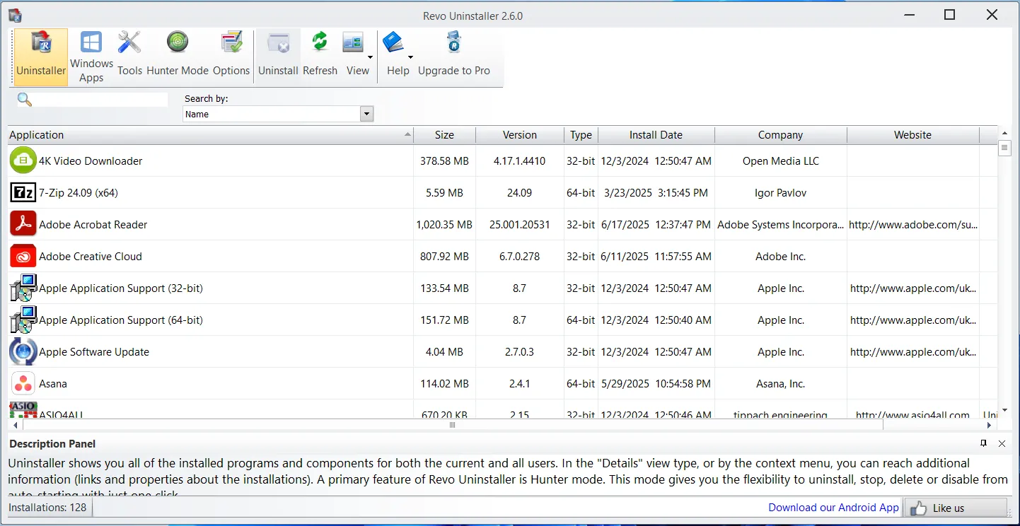Revo Uninstaller hiển thị danh sách các chương trình đã cài đặt để gỡ bỏ triệt để trên Windows.