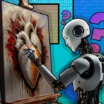 Robot AI đang vẽ bức tranh trái tim con người, minh họa ứng dụng AI trong nghệ thuật và thiết kế.