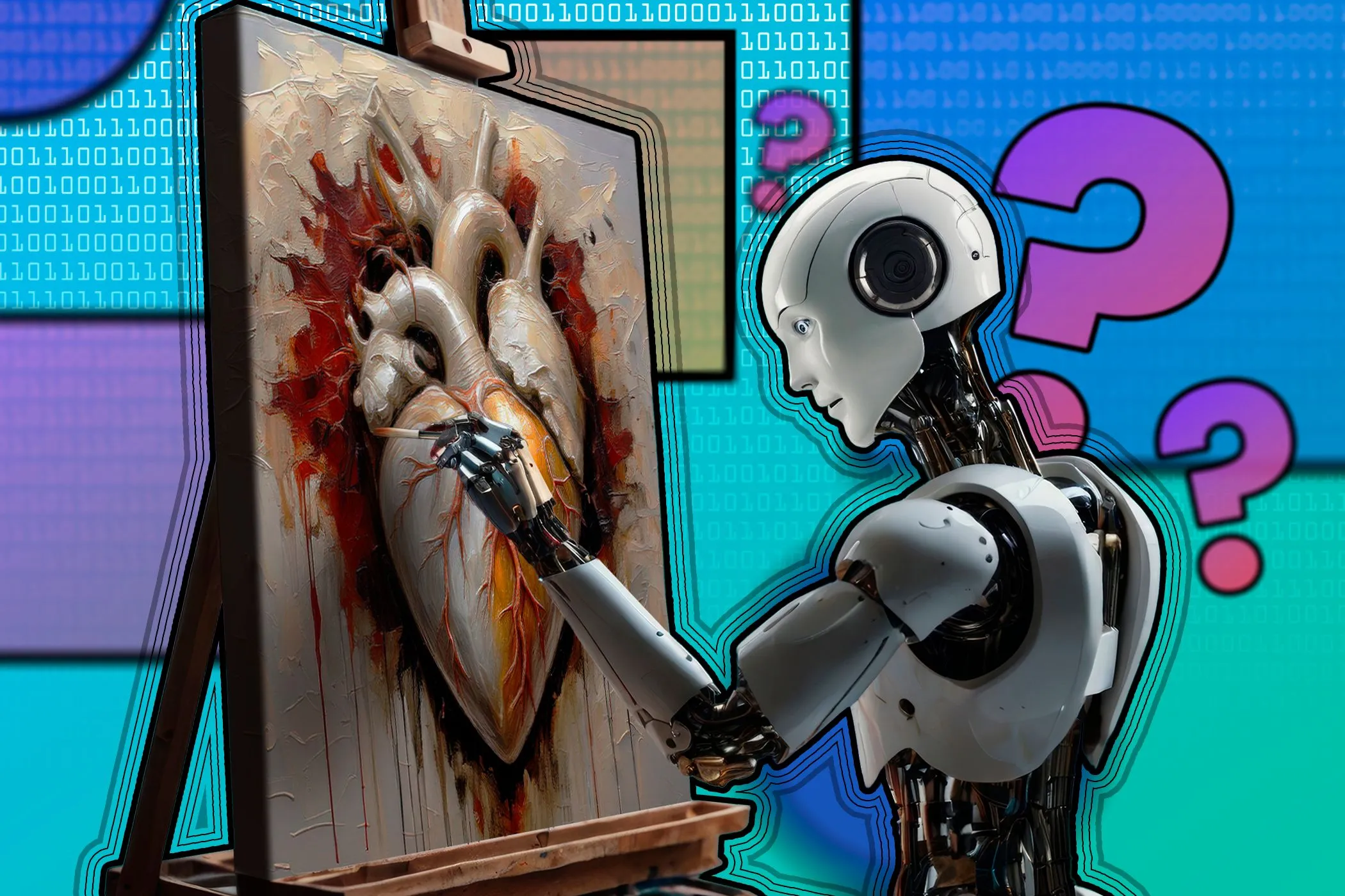Robot AI đang vẽ bức tranh trái tim con người, minh họa ứng dụng AI trong nghệ thuật và thiết kế.