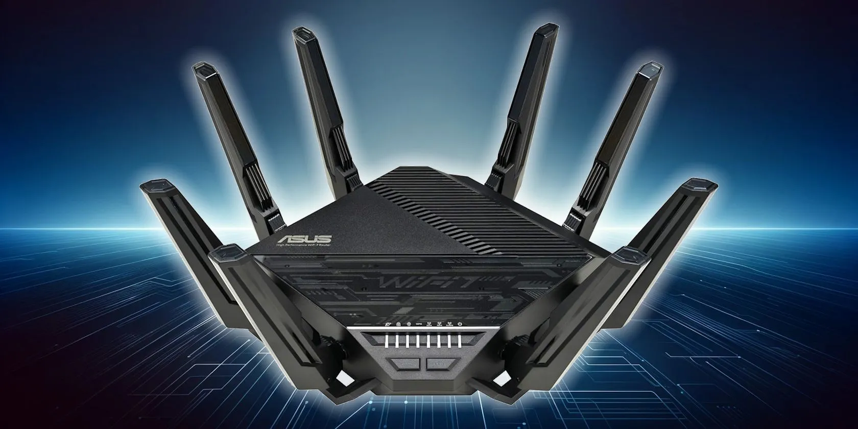 Router ASUS Wi-Fi 7 với thiết kế hiện đại trên nền công nghệ tương lai, minh họa các tiêu chí chọn router hiệu năng cao.