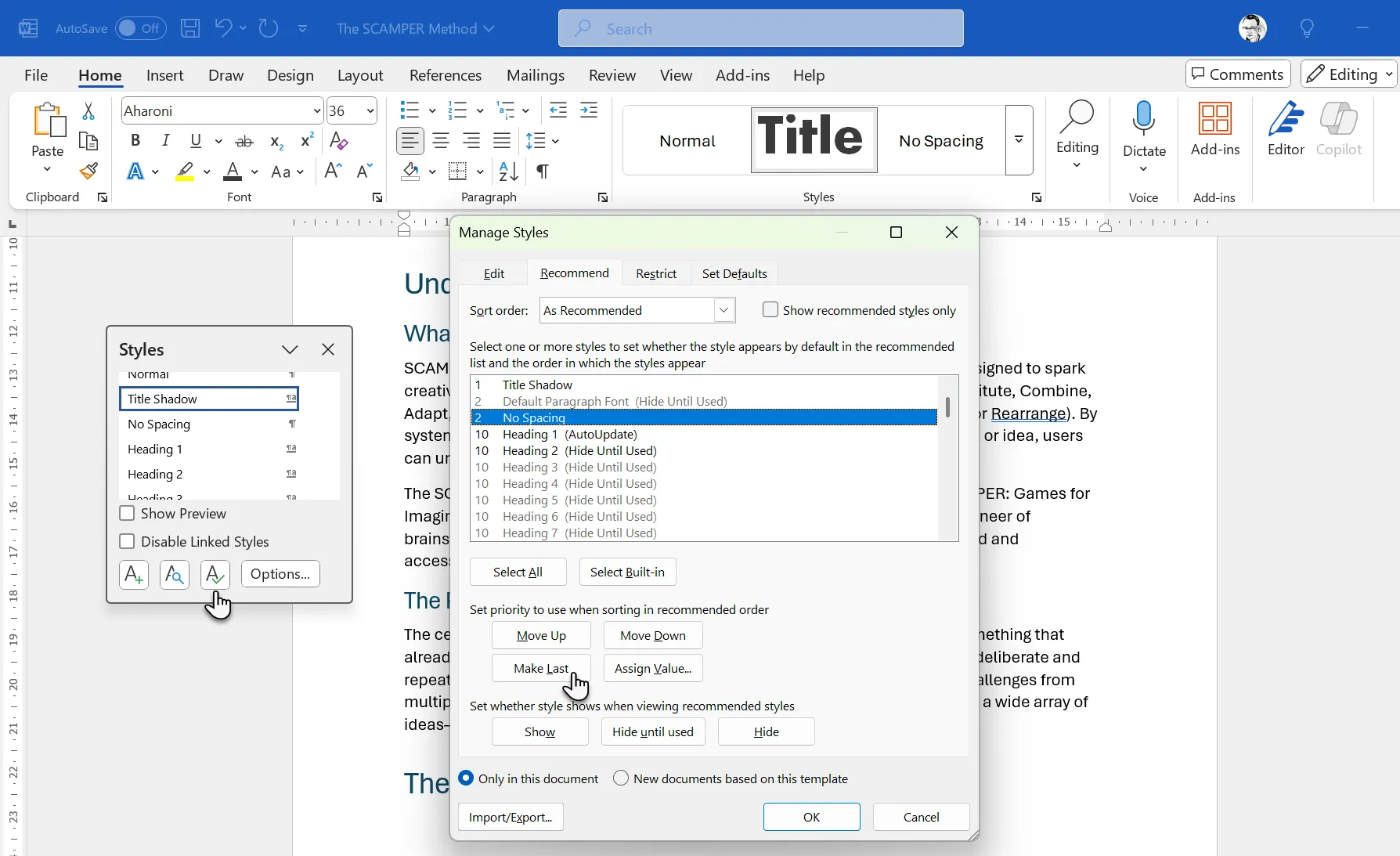 Sắp xếp lại thứ tự các Styles trong thư viện Styles của Microsoft Word thông qua hộp thoại Manage Styles