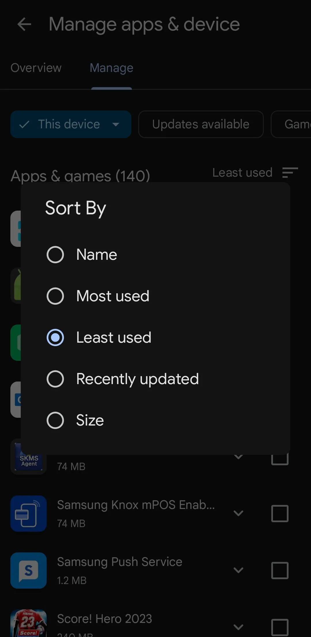 Sắp xếp ứng dụng trong Google Play Store để tìm ứng dụng ít dùng nhất