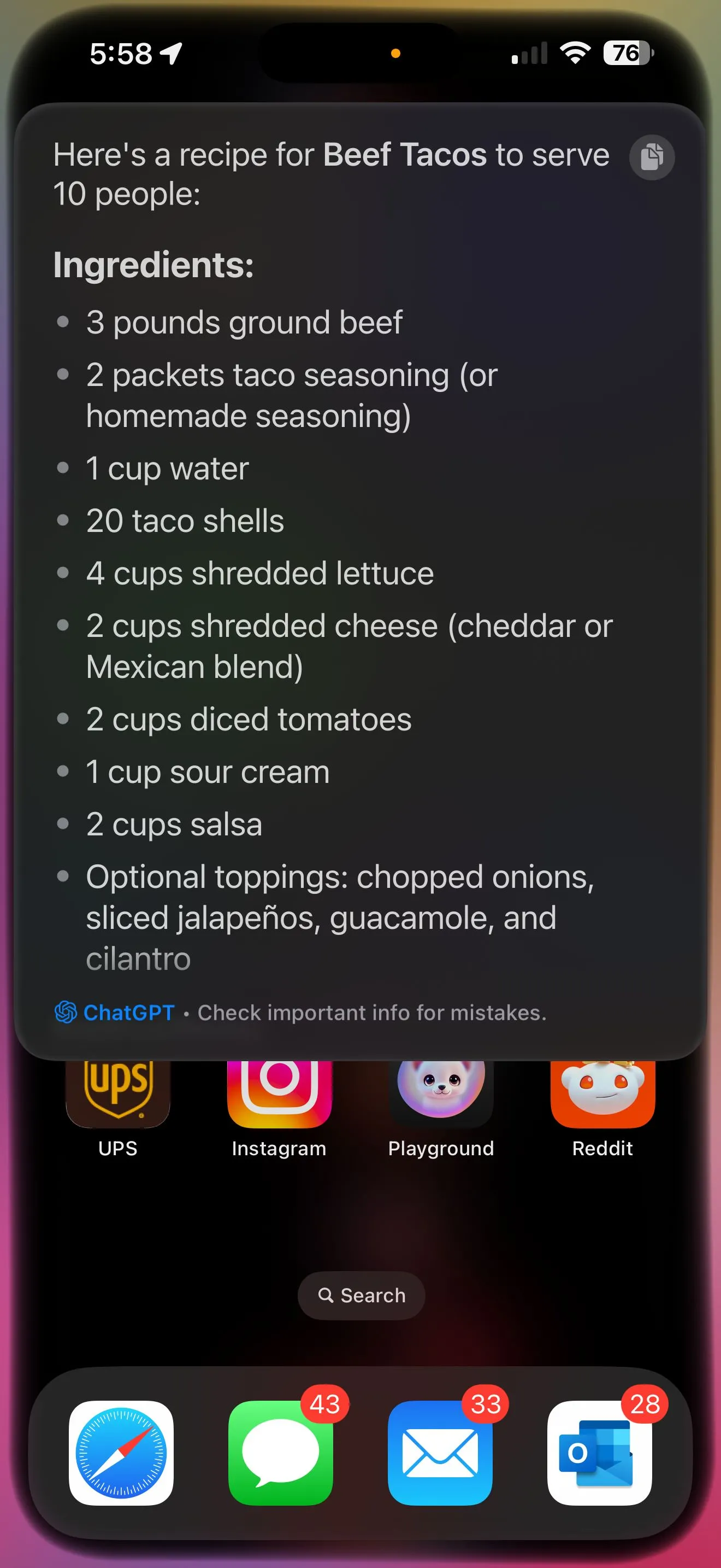 Siri tích hợp ChatGPT cung cấp công thức nấu ăn taco
