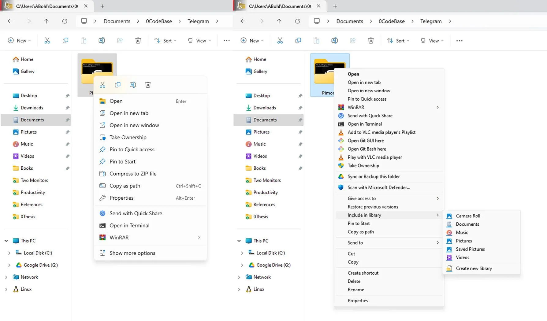 So sánh giao diện menu ngữ cảnh mới của Windows 11 và menu ngữ cảnh cổ điển quen thuộc, làm nổi bật sự khác biệt và nhu cầu tùy chỉnh.