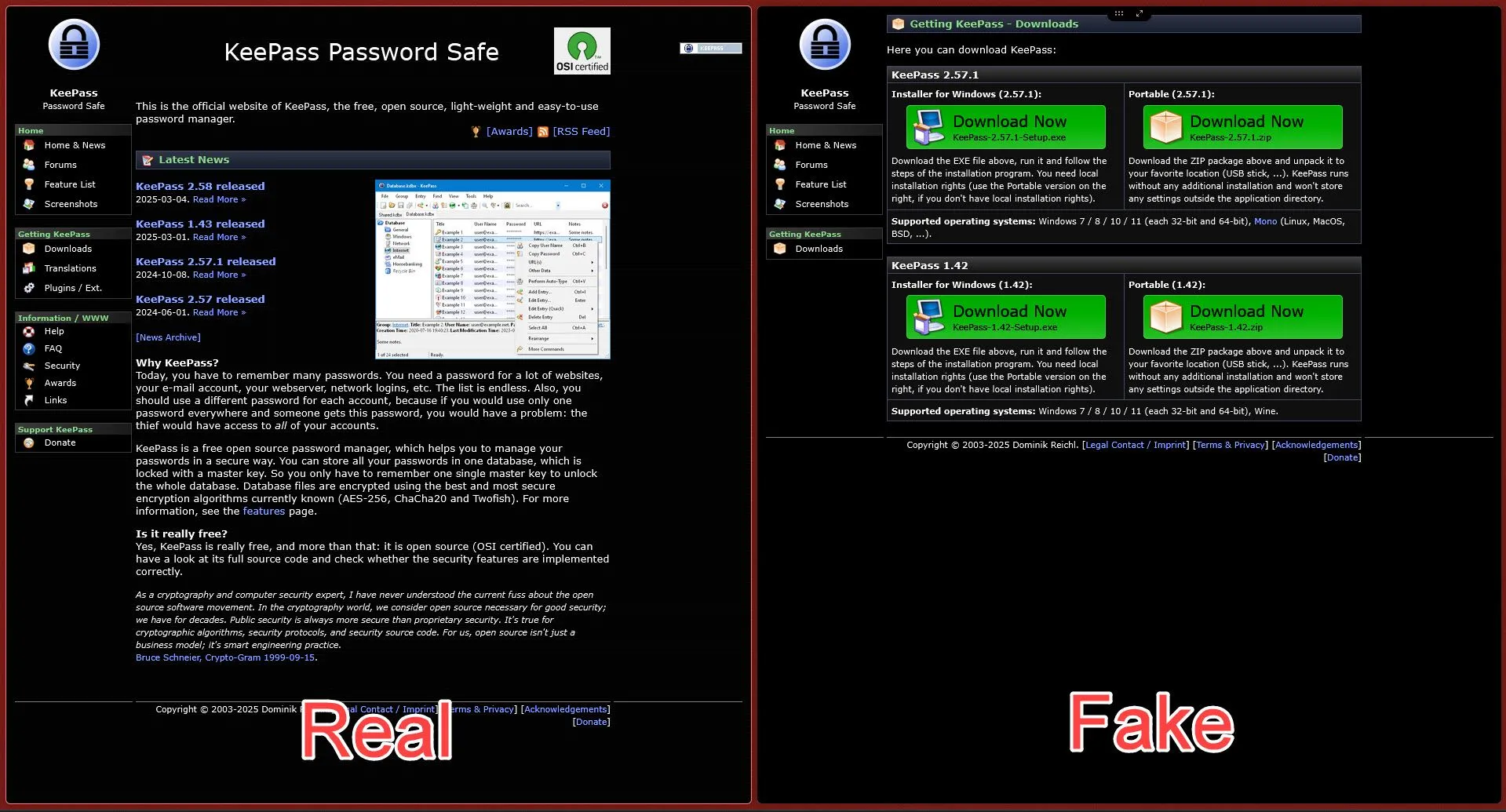 So sánh giao diện website KeePass chính thức và website giả mạo phân phối malware