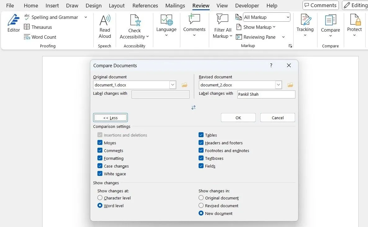 So sánh tài liệu trong hộp thoại Compare Documents của Microsoft Word