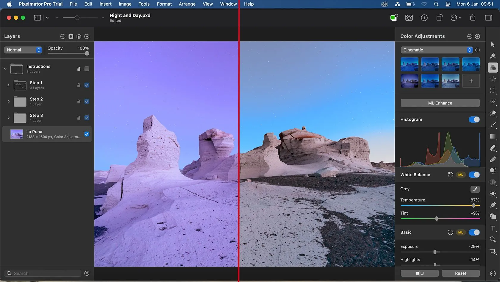 So sánh trước và sau khi sử dụng tính năng ML Enhance của Pixelmator Pro