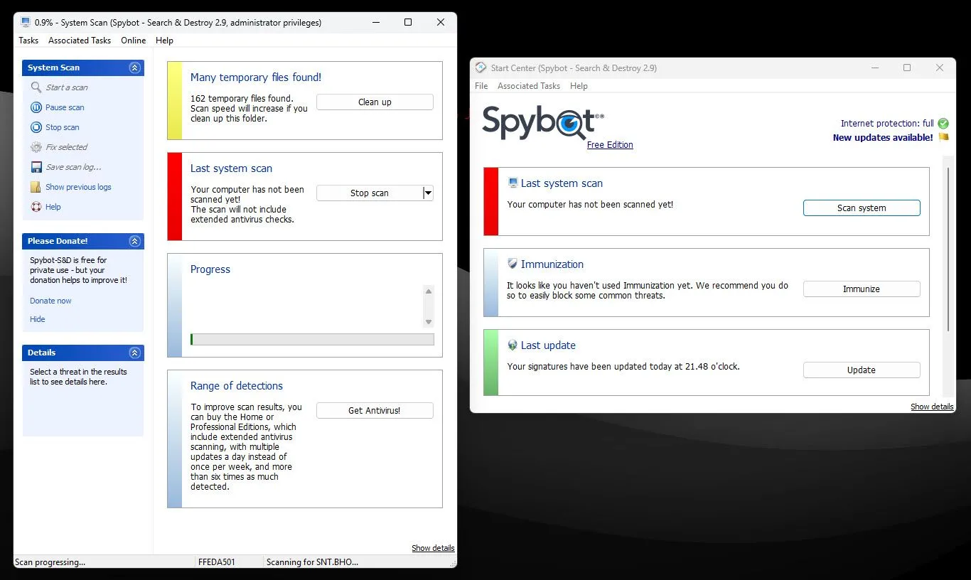 Spybot đang quét máy tính Windows để tìm spyware và adware