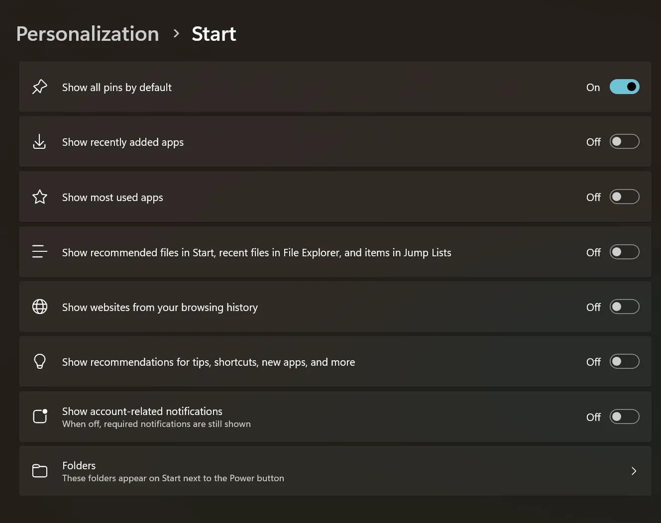 Start Menu Windows 11 mới với phần gợi ý đã được tắt, chỉ hiển thị ứng dụng ghim.