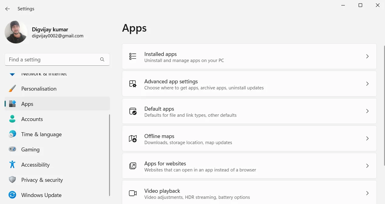 Sử dụng menu Cài đặt để mở Installed apps trên Windows 11