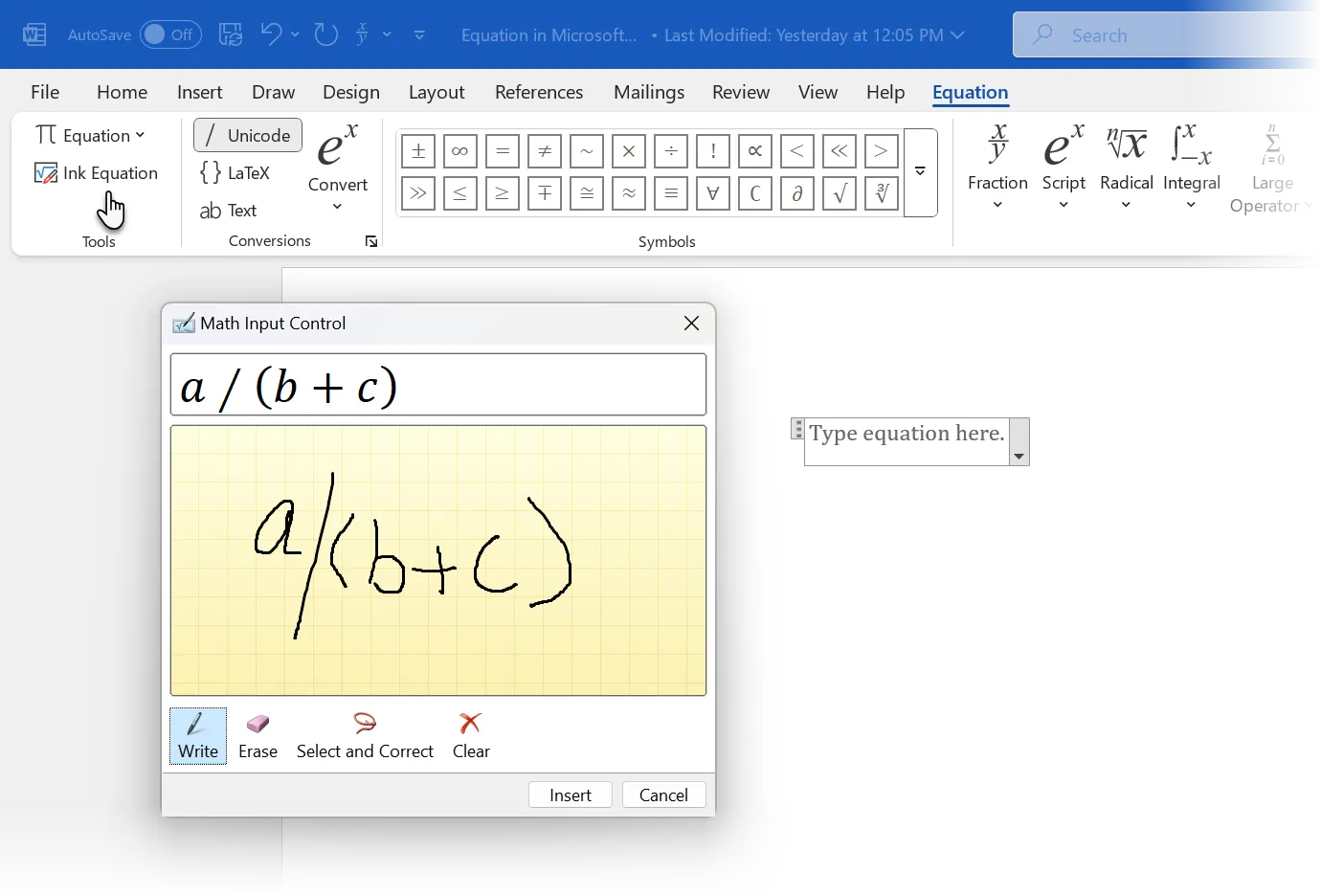 Sử dụng tính năng Ink Equation để viết công thức toán học bằng tay trong Word
