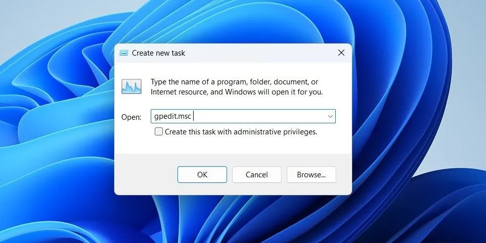 Sử dụng tính năng 'Run new task' trong Trình quản lý tác vụ để mở Local Group Policy Editor