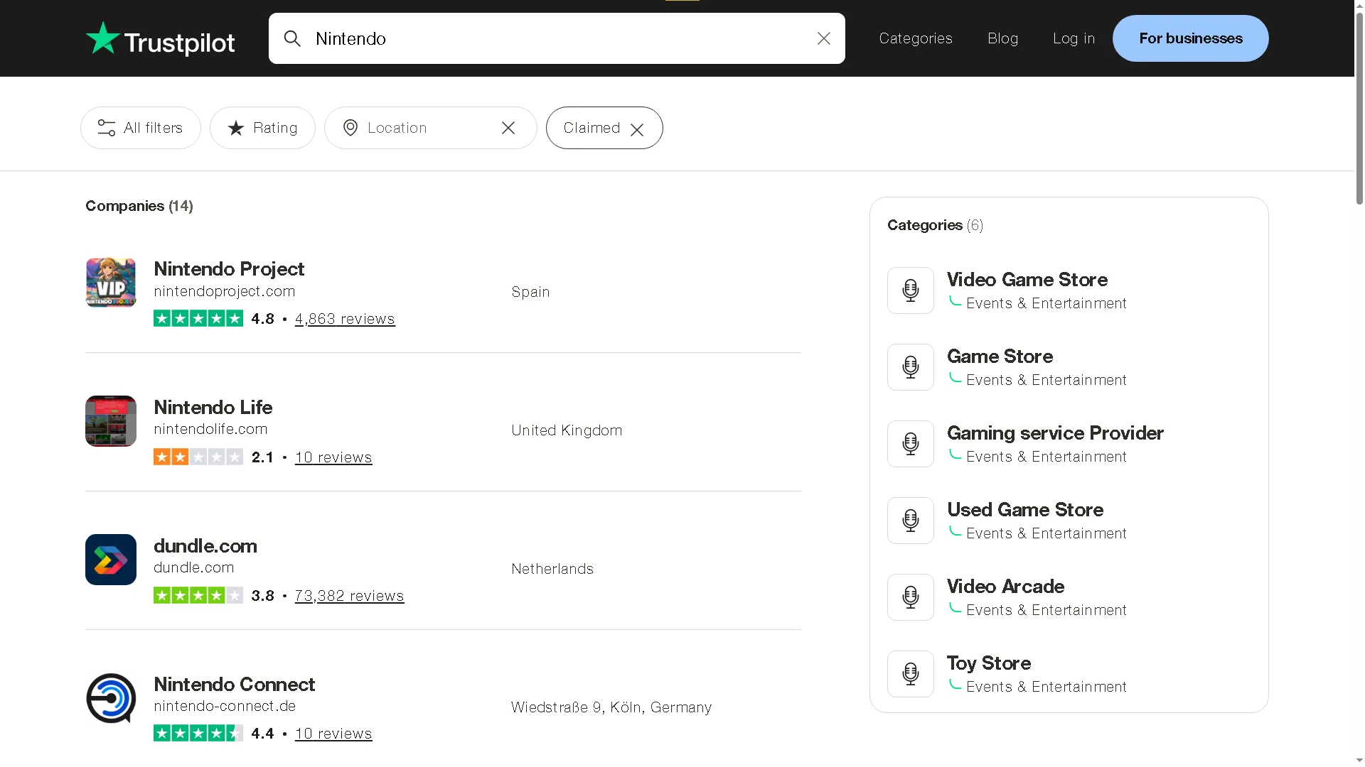Sử dụng Trustpilot để tìm kiếm đánh giá doanh nghiệp của Nintendo