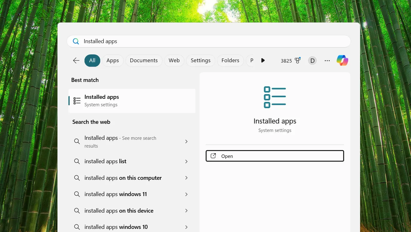 Sử dụng Windows Search để mở Installed apps trên Windows 11