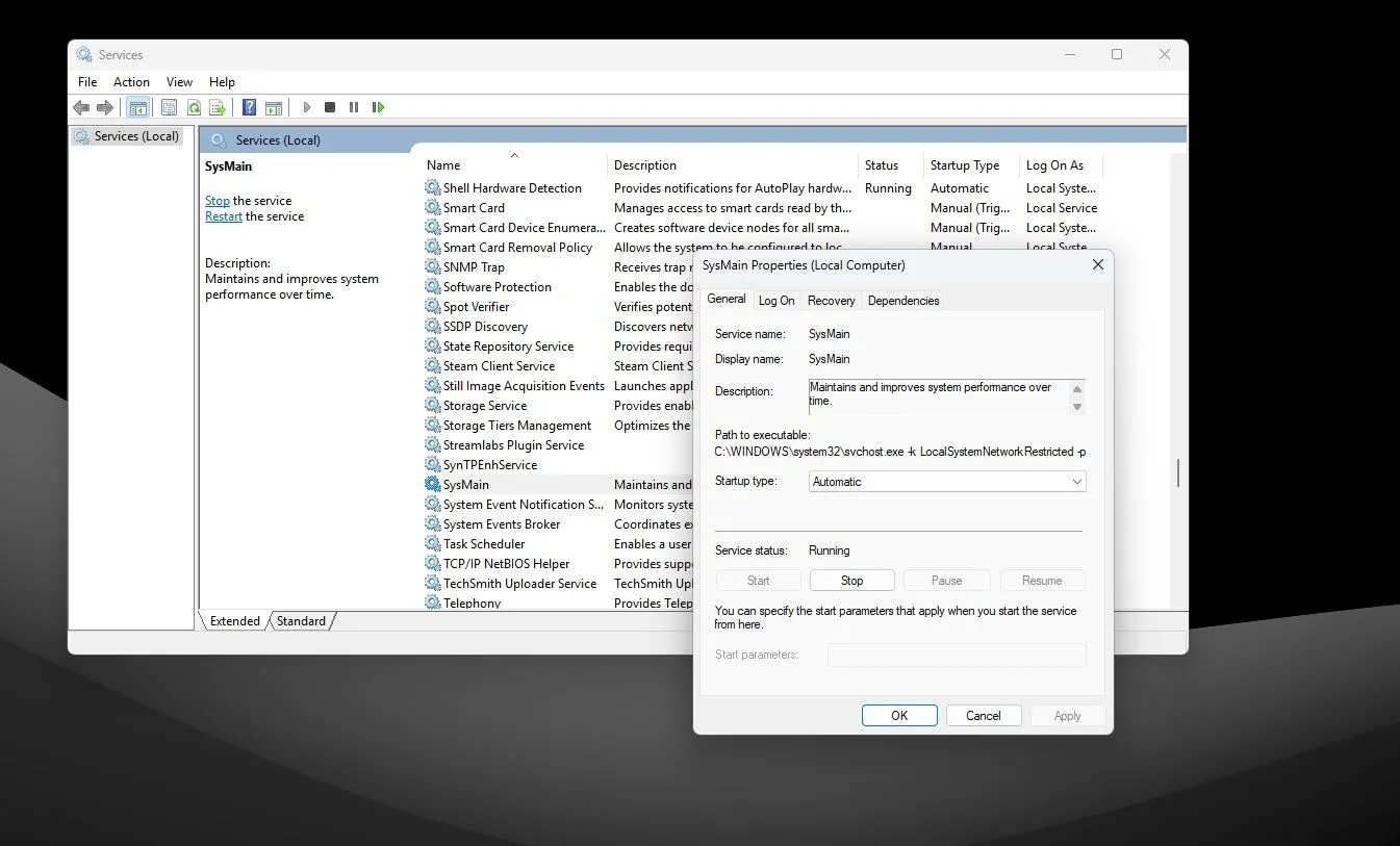 SysMain service open in Windows Services