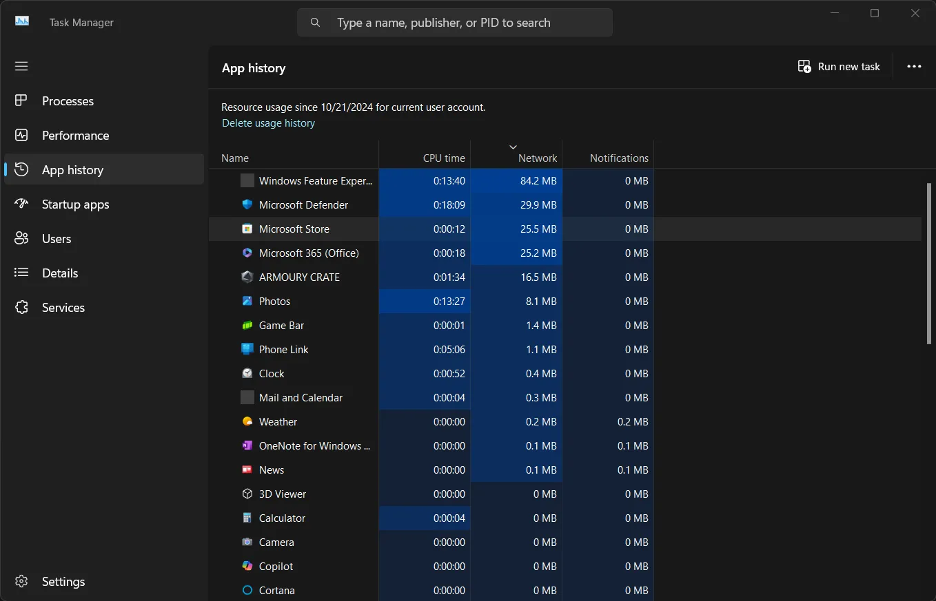 Tab App history trong Task Manager hiển thị lịch sử sử dụng mạng của các ứng dụng