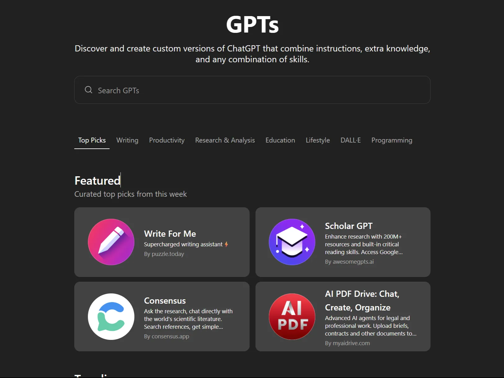 Tab GPT tùy chỉnh hiển thị các GPT nổi bật trong ứng dụng web ChatGPT.