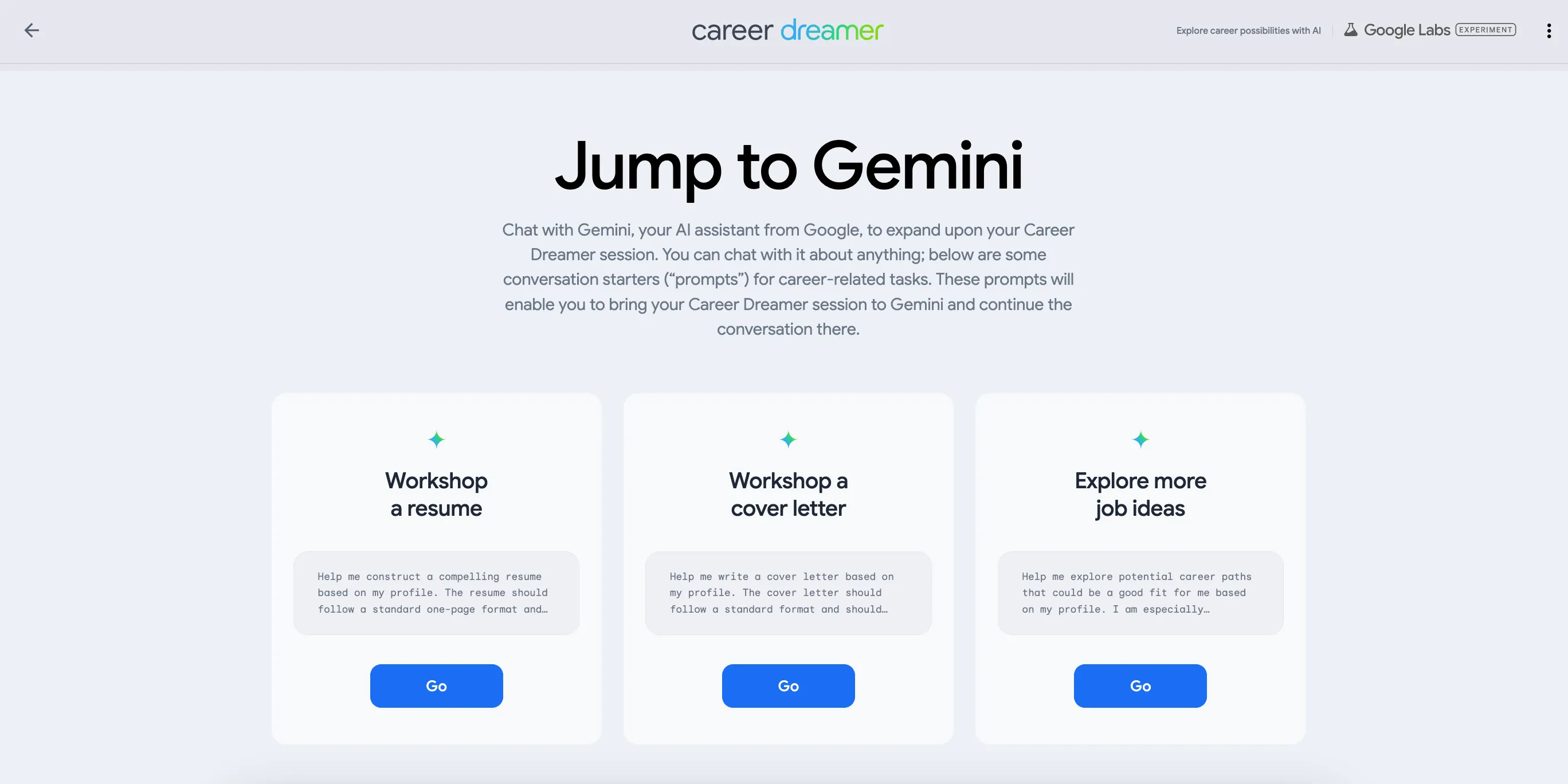 Tab Jump to Gemini trong Google Career Dreamer, liên kết với công cụ AI của Google