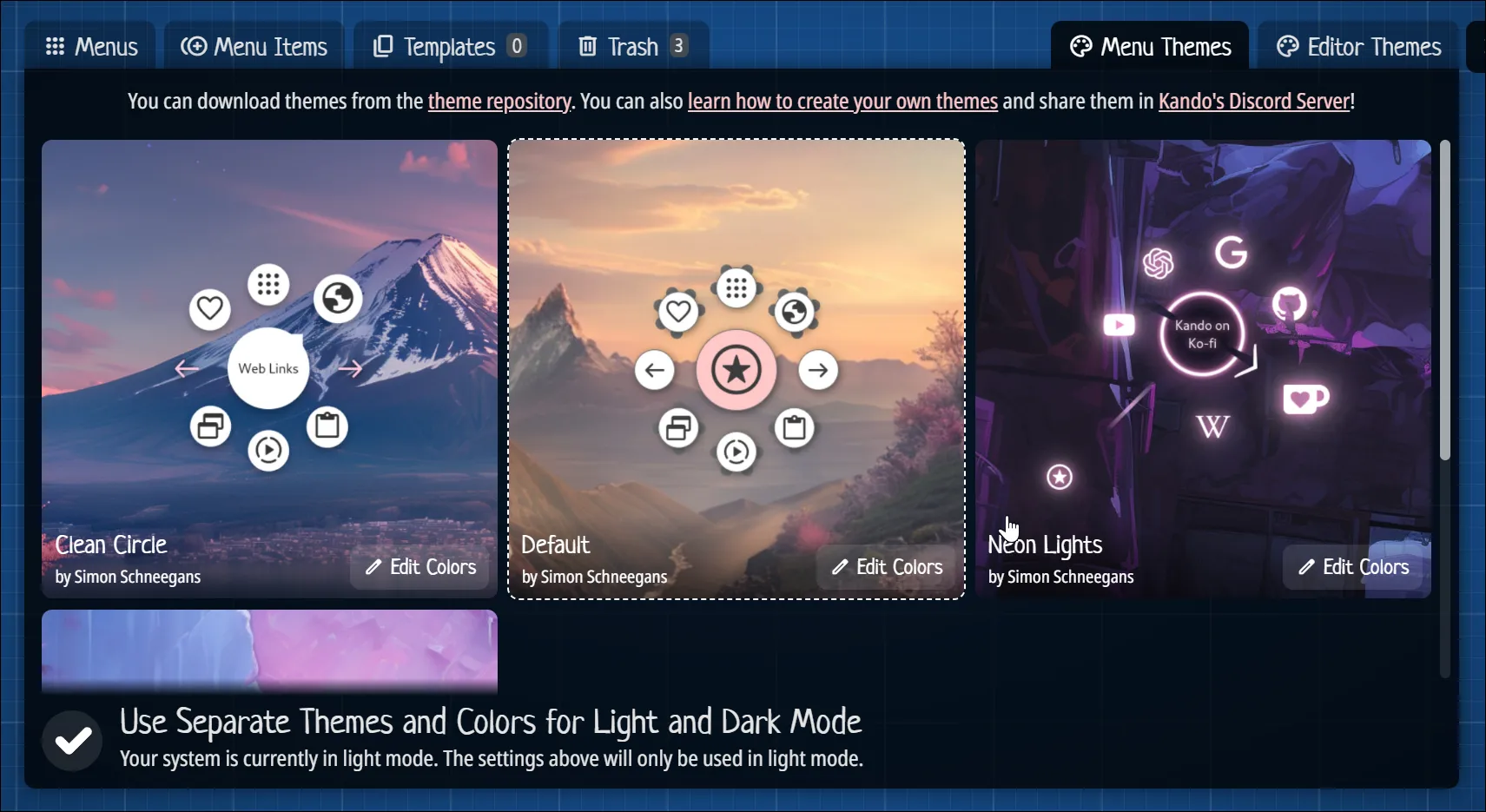 Tab Menu Theme hiển thị trong trình chỉnh sửa Kando trên Windows 11
