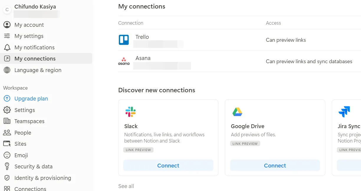 Tab My connections (Các kết nối của tôi) trong cài đặt Notion