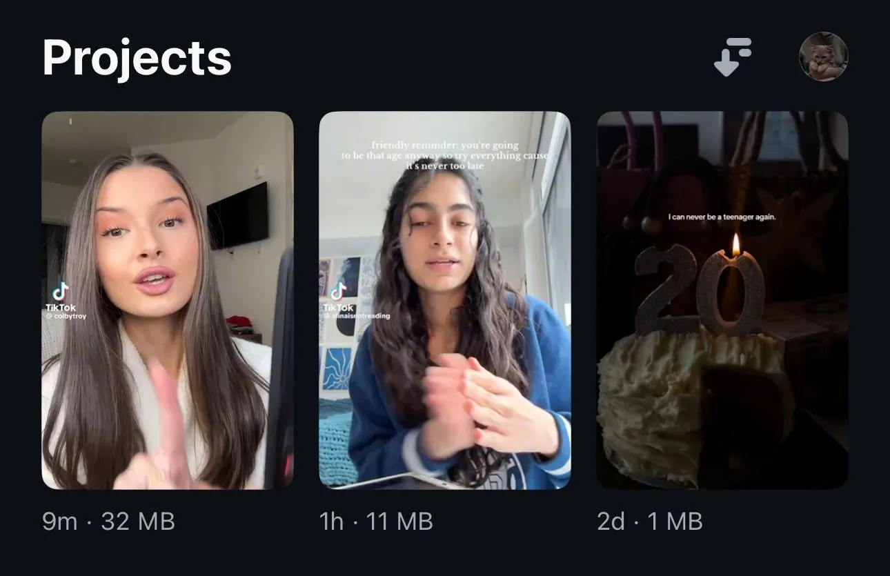 Tab Projects của ứng dụng Edits, hiển thị danh sách các dự án video đang thực hiện và đã hoàn thành, có thể sắp xếp theo nhiều tiêu chí.