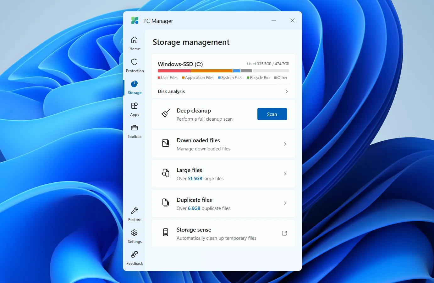 Tab &quot;Storage&quot; trong Microsoft PC Manager trên Windows giúp quản lý và dọn dẹp không gian lưu trữ
