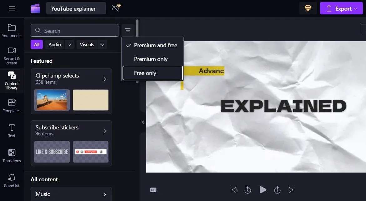 Tab Thư viện nội dung của Clipchamp chứa video, âm thanh, hình ảnh và sticker