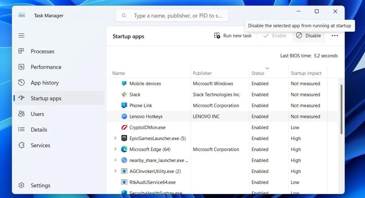Tab Ứng dụng khởi động trong Task Manager của Windows 11 để quản lý phần mềm chạy khi bật máy