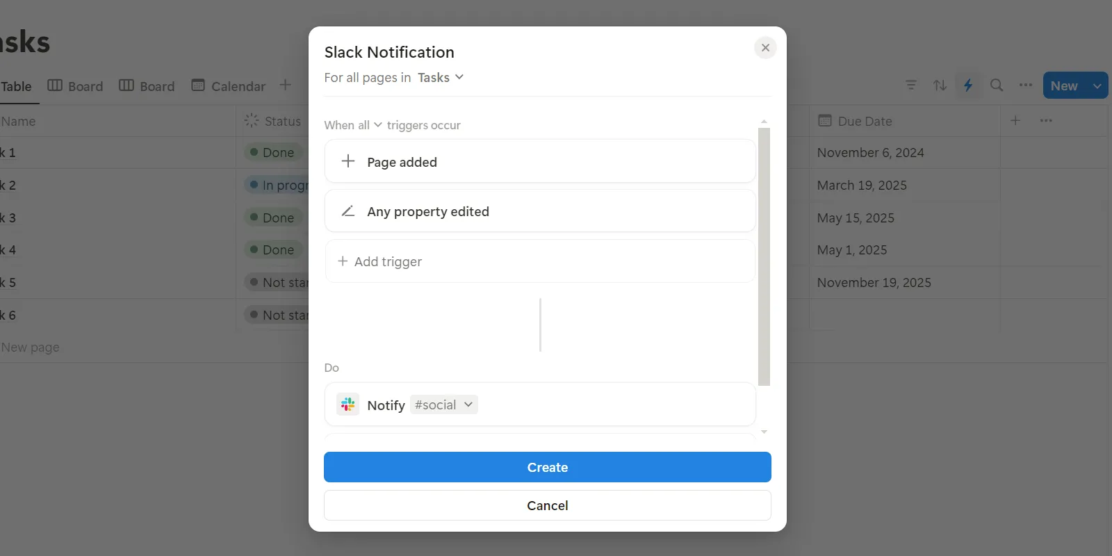 Tạo một tự động hóa cho thông báo Slack trong Notion.