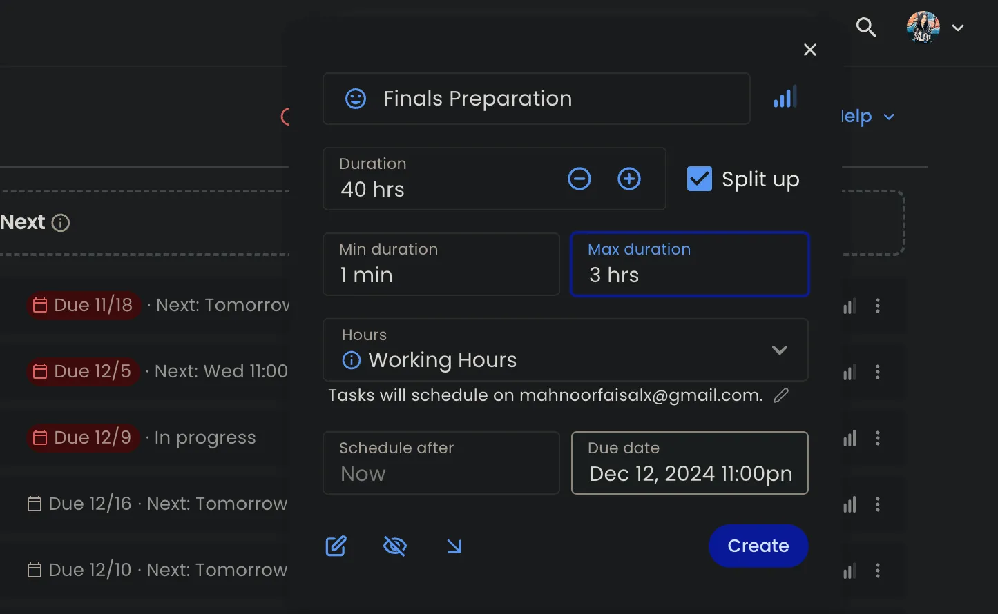 Tạo nhiệm vụ mới &quot;Finals Preparation&quot; trên Reclaim.ai và cài đặt chia nhỏ