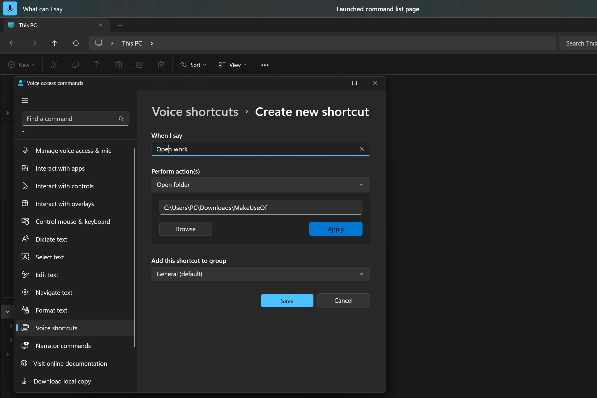 Tạo phím tắt giọng nói mới trong tính năng Voice Access Windows 11