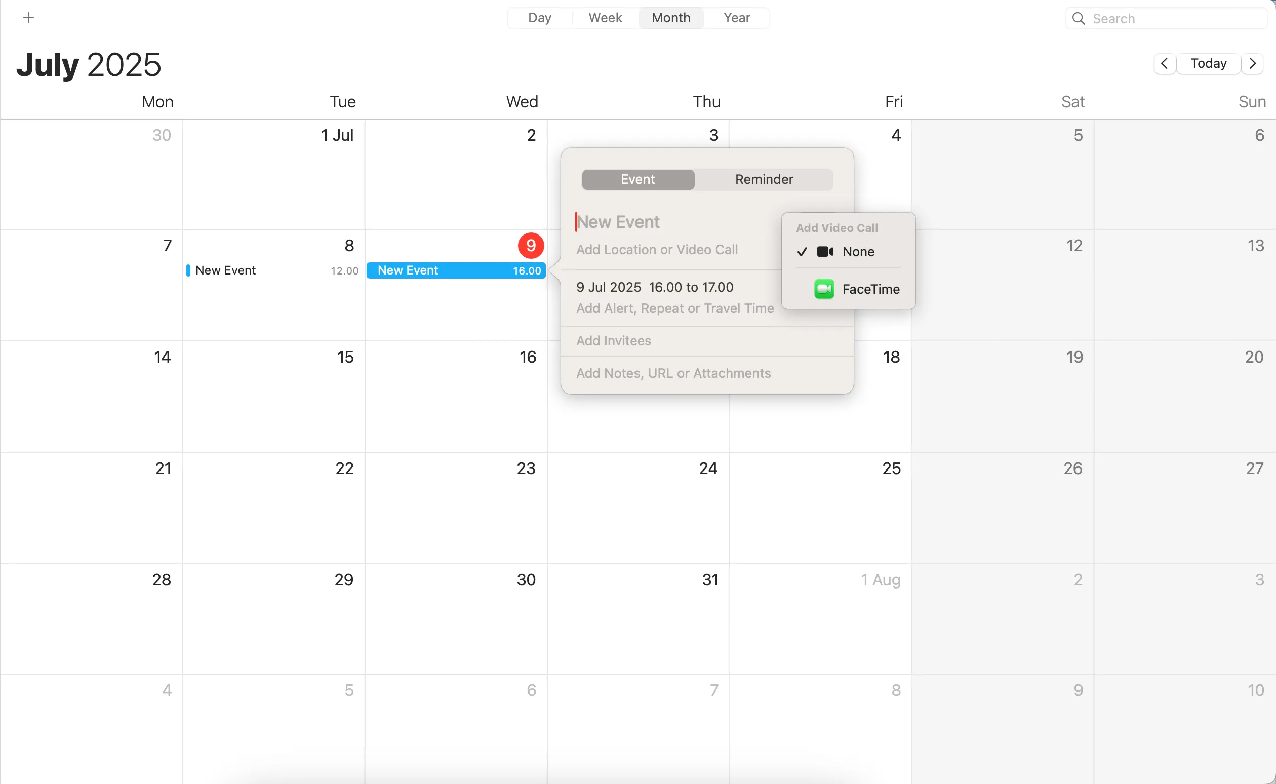 Tạo sự kiện mới trong Apple Calendar với tùy chọn tích hợp cuộc gọi FaceTime trực tiếp.