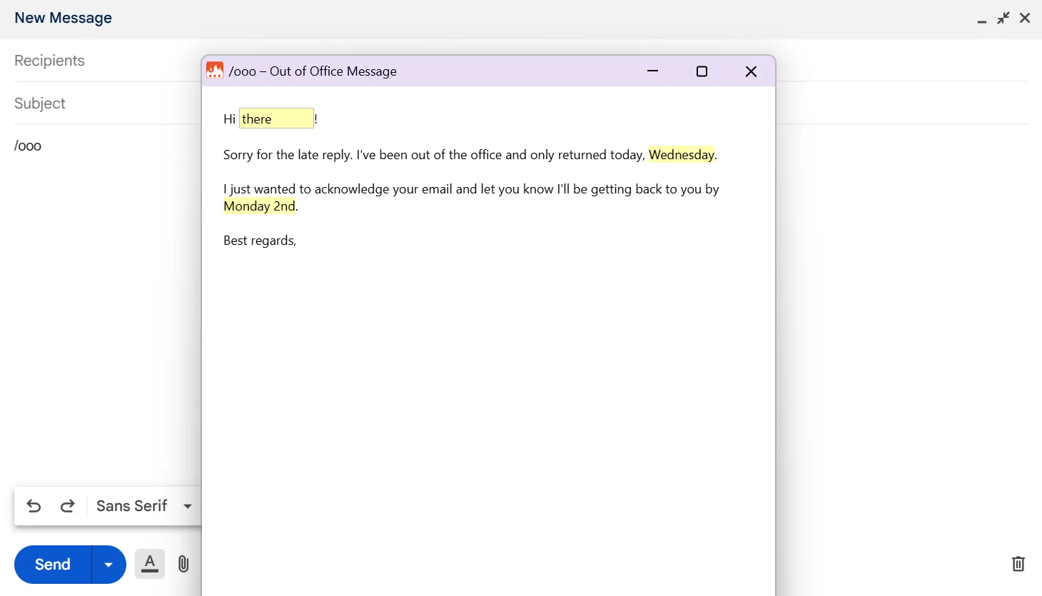 Text Blaze hiển thị một biểu mẫu nhập liệu tùy chỉnh trong Gmail để tạo tin nhắn &quot;Out of Office&quot;, cho phép người dùng nhập tên người gửi và thông tin truy vấn