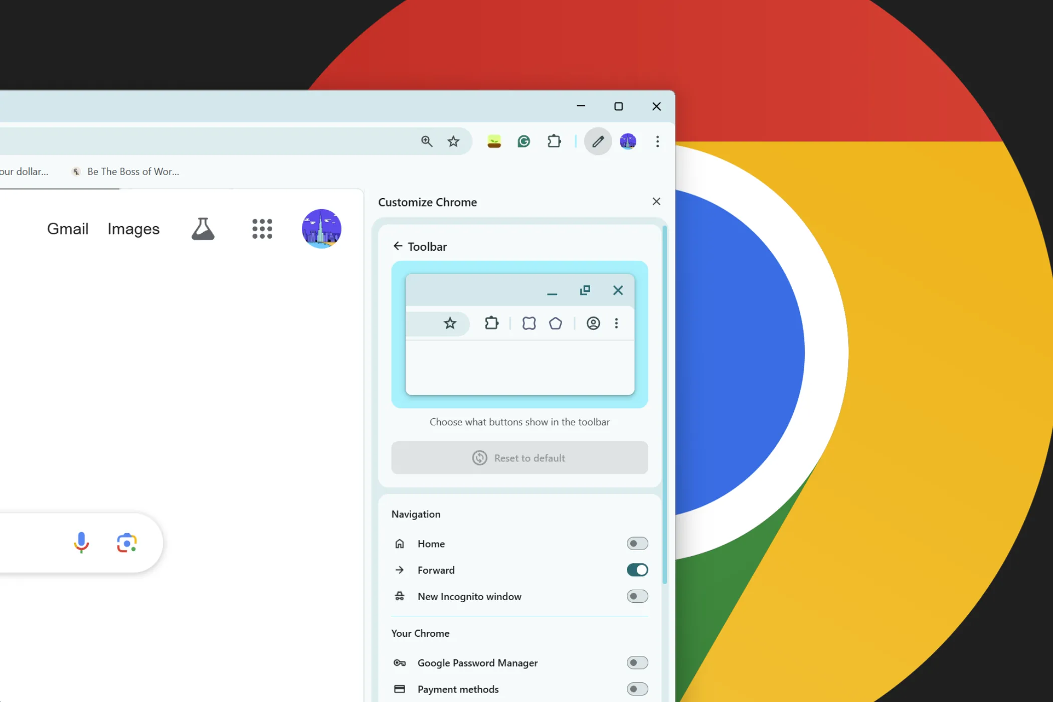 Thanh bên tùy chỉnh giao diện Google Chrome với các tùy chọn chủ đề