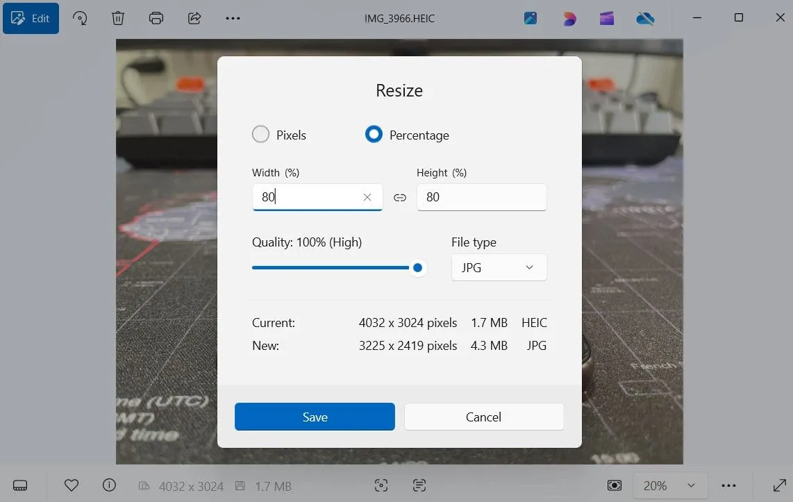 Thanh công cụ thay đổi kích thước ảnh trong ứng dụng Photos trên Windows 11
