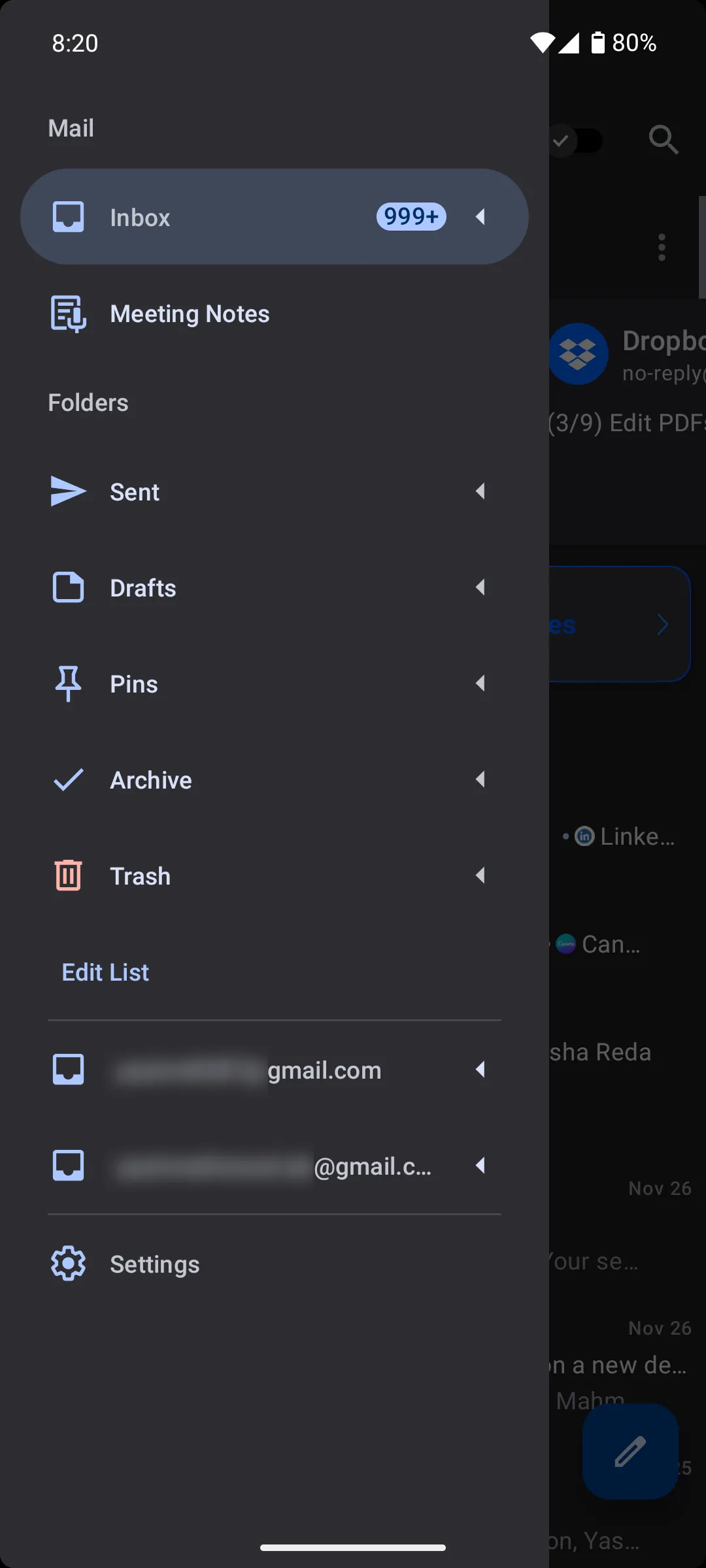 Thanh điều hướng bên trái và các thư mục email chính của ứng dụng Spark Mail trên Android