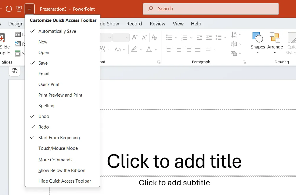 Thanh Quick Access Toolbar (Thanh Truy Cập Nhanh) trong giao diện PowerPoint