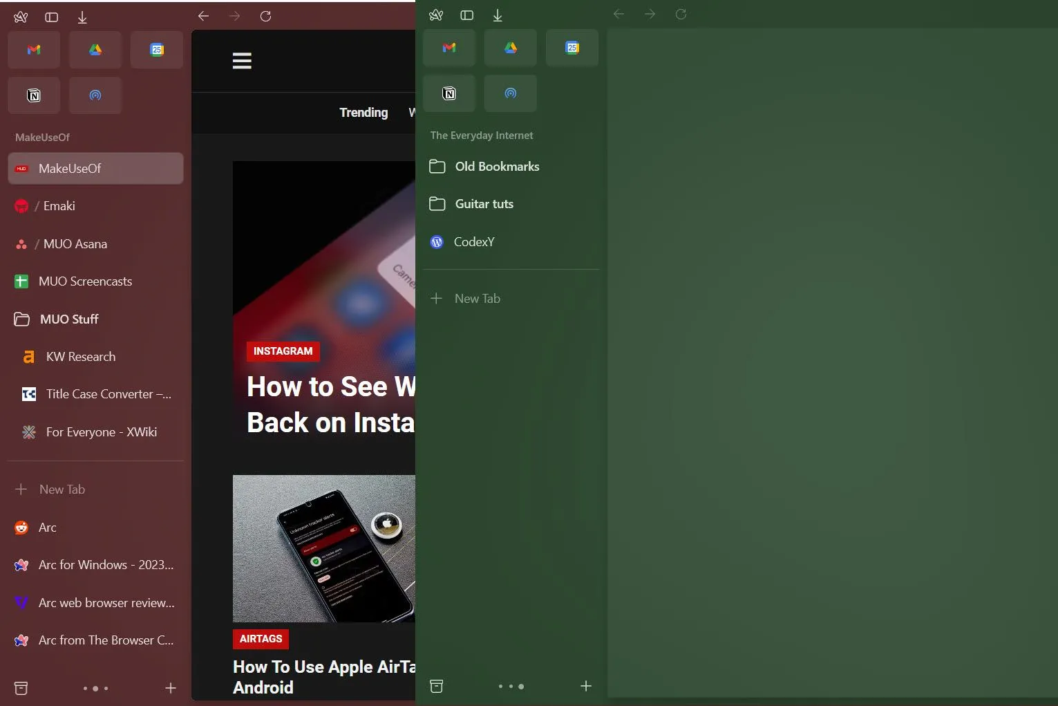 Thanh sidebar chứa tab và các không gian làm việc trên trình duyệt Arc cho Windows